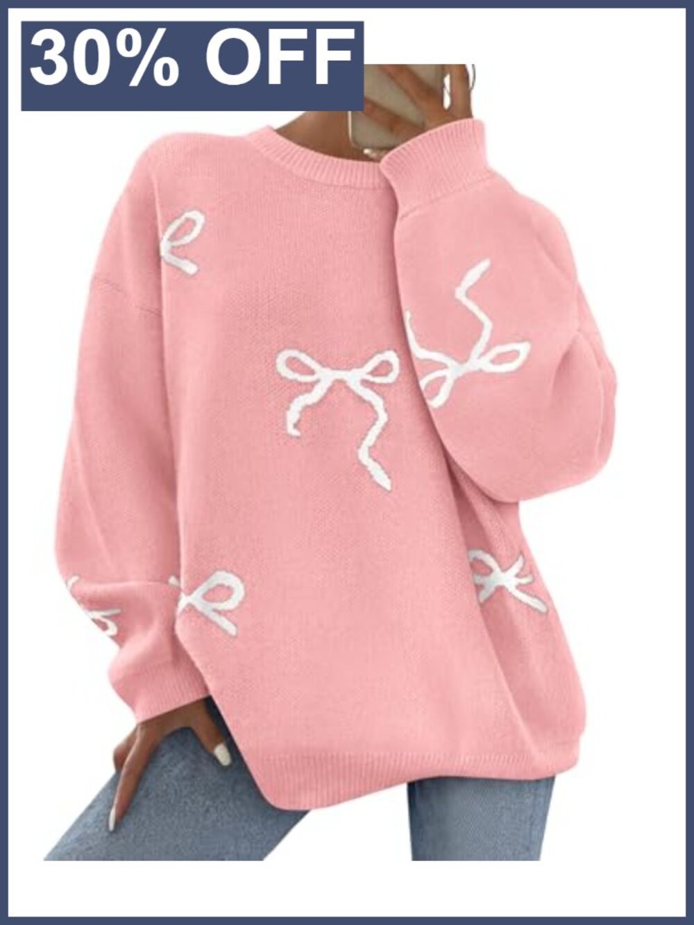 Oversized Long Sleeve Sweater with Bow Print Crew Neck